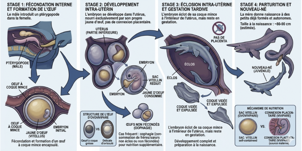 Schéma explicatif de la gestation du requin lutin ovovivipare avec embryons à l