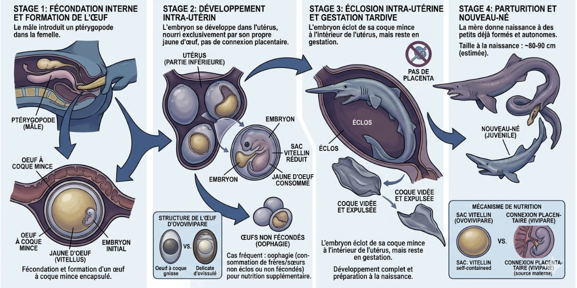 Schéma explicatif de la gestation du requin lutin ovovivipare avec embryons à l'intérieur de l'utérus
