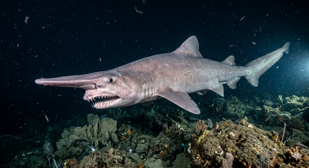 Photo d’un requin lutin nageant dans les profondeurs océaniques avec son museau allongé caractéristique