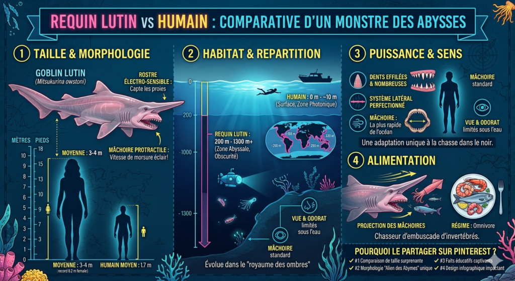 Requin lutin nageant dans les profondeurs montrant sa grande taille
