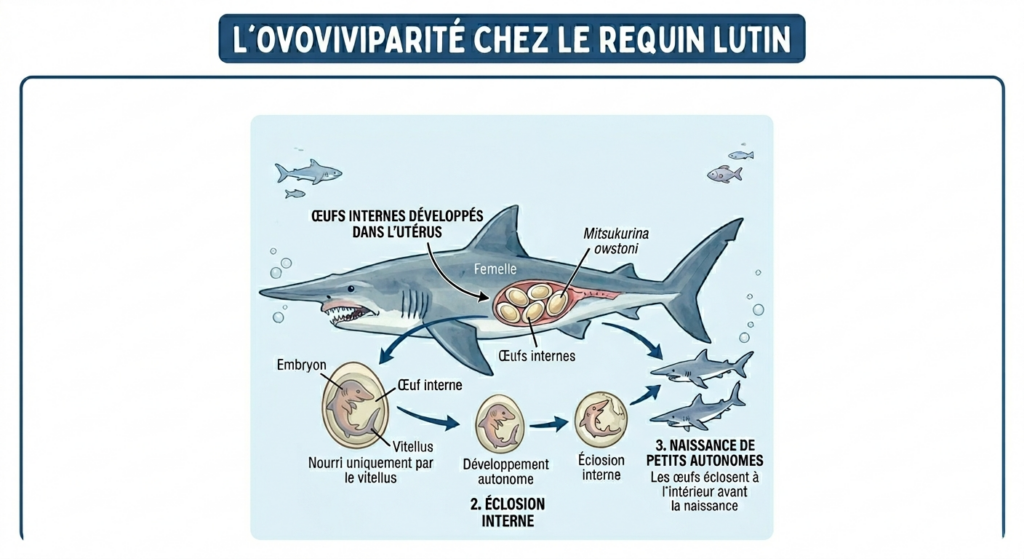 Schéma du mode de reproduction ovovivipare du requin lutin