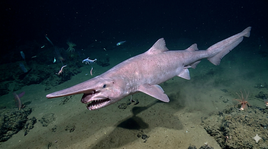 Requin lutin nageant dans les profondeurs océaniques pendant sa période de reproduction
